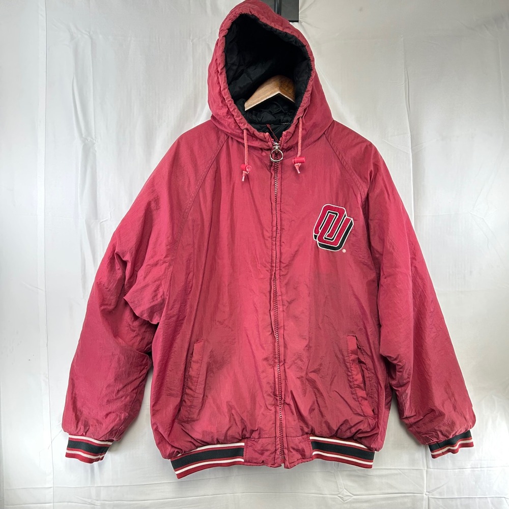 Logo 7 Oklahoma Sooners Jacket Mens Large Crimson Hooded Puffer Vintage OU
